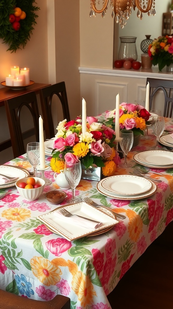 A charming brunch table decorated with flowers, colorful linens, and elegant dishware.